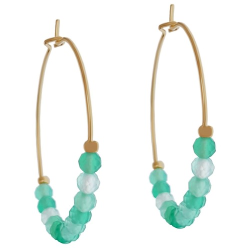 Boucles d'oreilles Créoles 30mm Plaqué Or 18 carats et Calcédoine verte - Femme - Picture 5 of 6