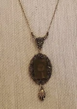 Vintage Victorian Revival Glass Photo Pendant Necklace - Gold Tone 25" Damaged 