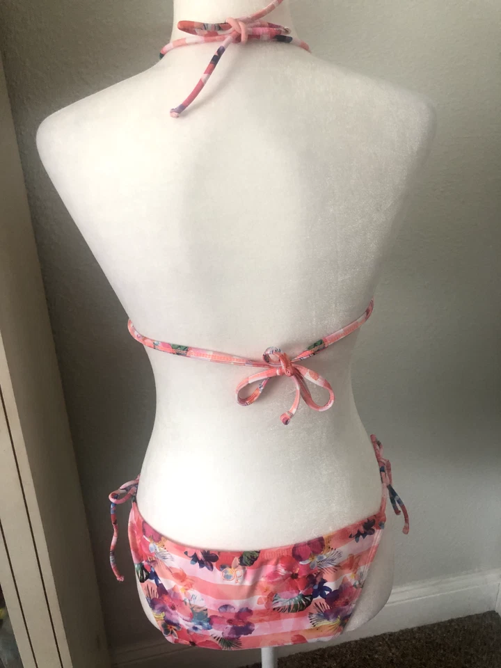 Nuevo BIKINI OP OCEAN PACIFIC M 7-9 Rosa Floral Rayas Baño CUERDA PARTE INFERIOR Foto 4 de 4