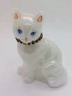 Vintage FENTON Art Glass White Opalescent & Red Calender Birthday Cat Figurine