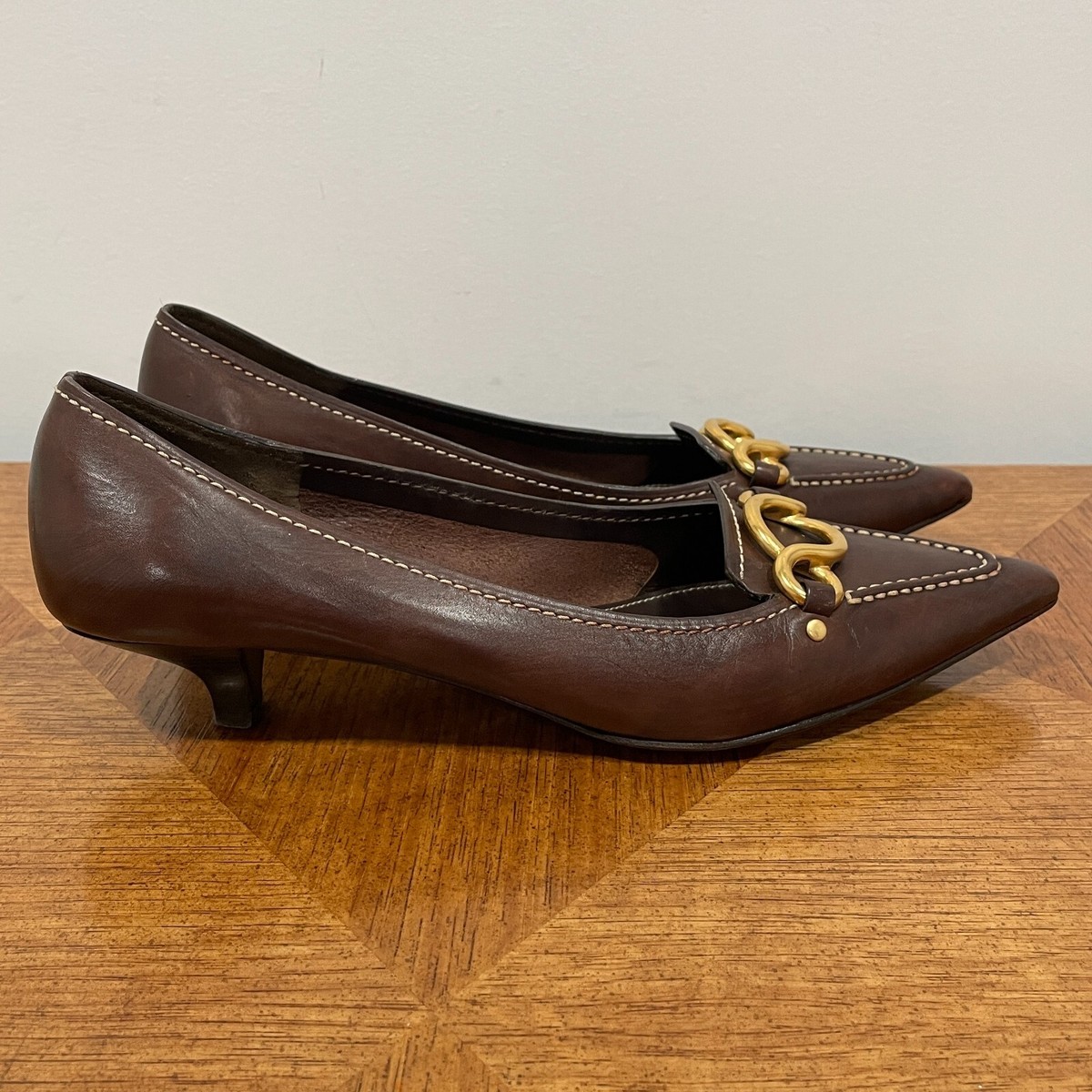 Prada Kitten Heels Pumps 37.5 / 7.5 Brown Leather Bit Gold Rings Pointed Toe VTG View 6