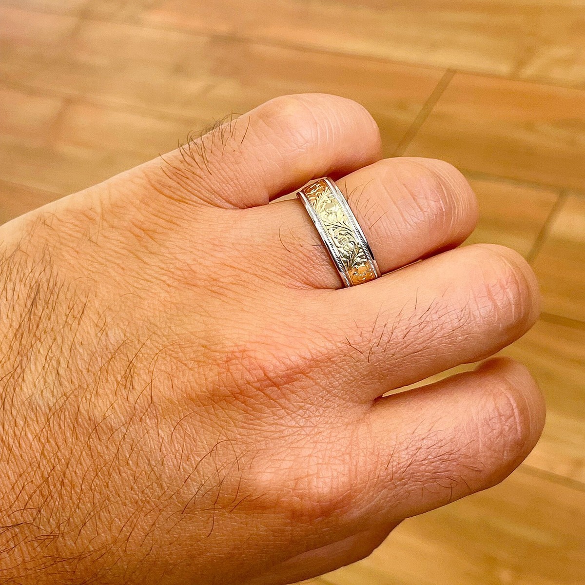 Hand Carved 14K Solid And Heavy White And Yellow Gold Men