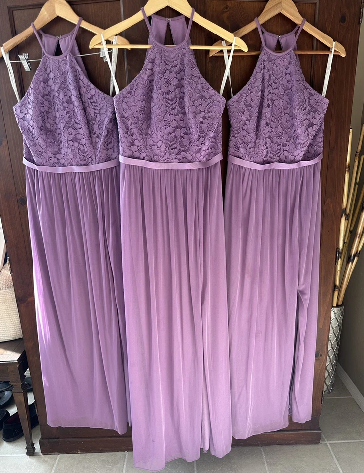 Set of 3 David’s bridal bridesmaids long lace top dresses Wisteria Slit Read - Image 2 of 4