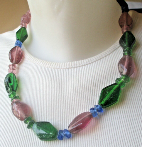 Collier Vintage Réglable Perles De Verre - Rose, Bleu, Vert, Très Bon état (réf. 5398)
