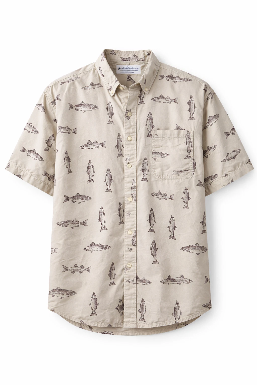 Vintage Columbia Fish Print Shirt Beige Fishing Button Up Outdoor Camping XL