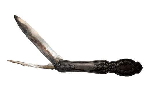 ca 1890 Sterling Silver Folding Victorian Knife Repousse Garland Reed Two AN35