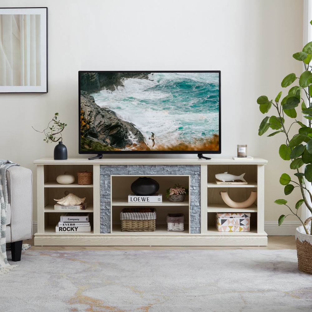 Large TV Desk Storage Rack with Faux Stacked Stone Surround,Media Console Table