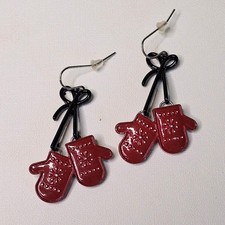 Christmas Mitten Earrings Red Enamel Snowflake Mittens Black Bow Dangle Holiday