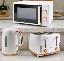 Goodmans Kitchen Set Microwave Toaster & Kettle White, Rose Gold Honeycomb 3pc. 