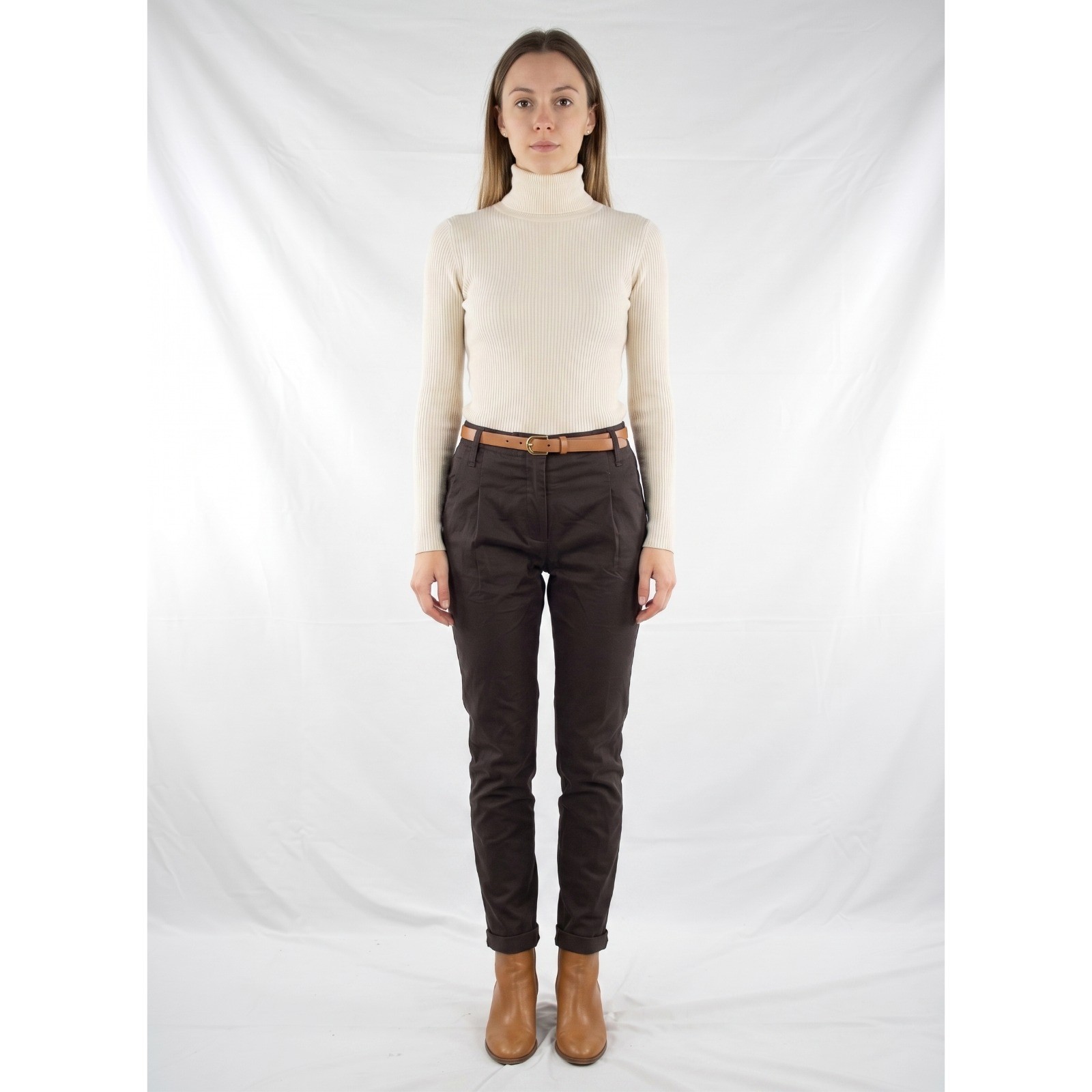 Zara Pantalone Cotone Da Donna Skinny Slim Fit Xs Gamba Marrone Casual Vita Alta