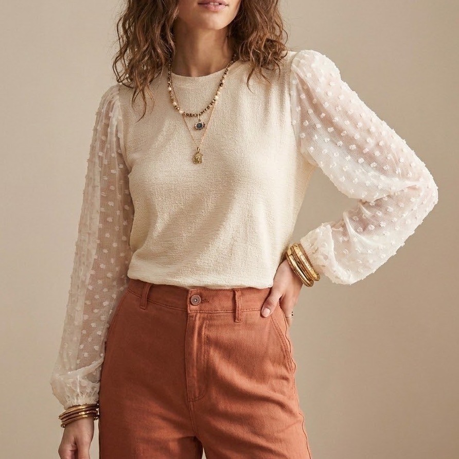 NEW Maeve Anthropologie Women's XL Textured Cream Puff Sleeve Eclectic Boho  Top