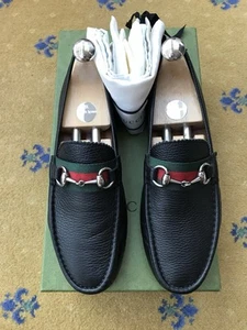 Mocassins Gucci chaussures en cuir Driver Horsebit noir toile vert homme UK 7 US 8 EU 41