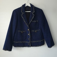 Zara Navy Blue Boucle Fantasy Textured Tweed Blazer Jacket Size M Medium 10