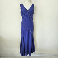 Amanda Wakeley Elements XL Uk14 Blue Beaded Evening Gown Dress V-Neck Bias Cut