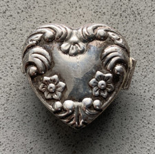 Sterling silver vintage repousse heart shaped  pill box