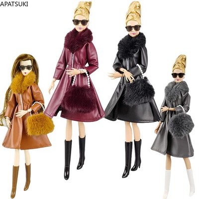 Pelz Leder Mode Kleidung Set für Barbie Puppe Outfits Mantel Tasche Stiefel 1/6