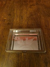 Vintage Etched Glass Bird  Flower Trinket Box Brass Trim, Hinged Lid