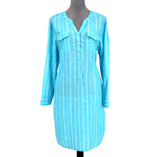 Talbots Dress Womens Large Blue White Stripe Linen Belt Pockets Beach Resort