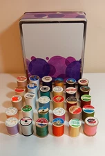 Vtg Lot Sewing Thread, Spools Wooden/Poly/Plastic New/Used Coats/Clark More, Tin