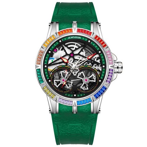 Orologio Scheletro Uomo Arcobaleno Lunetta Diamante Luminoso Impermeabile Sportivo - Foto 14 di 14