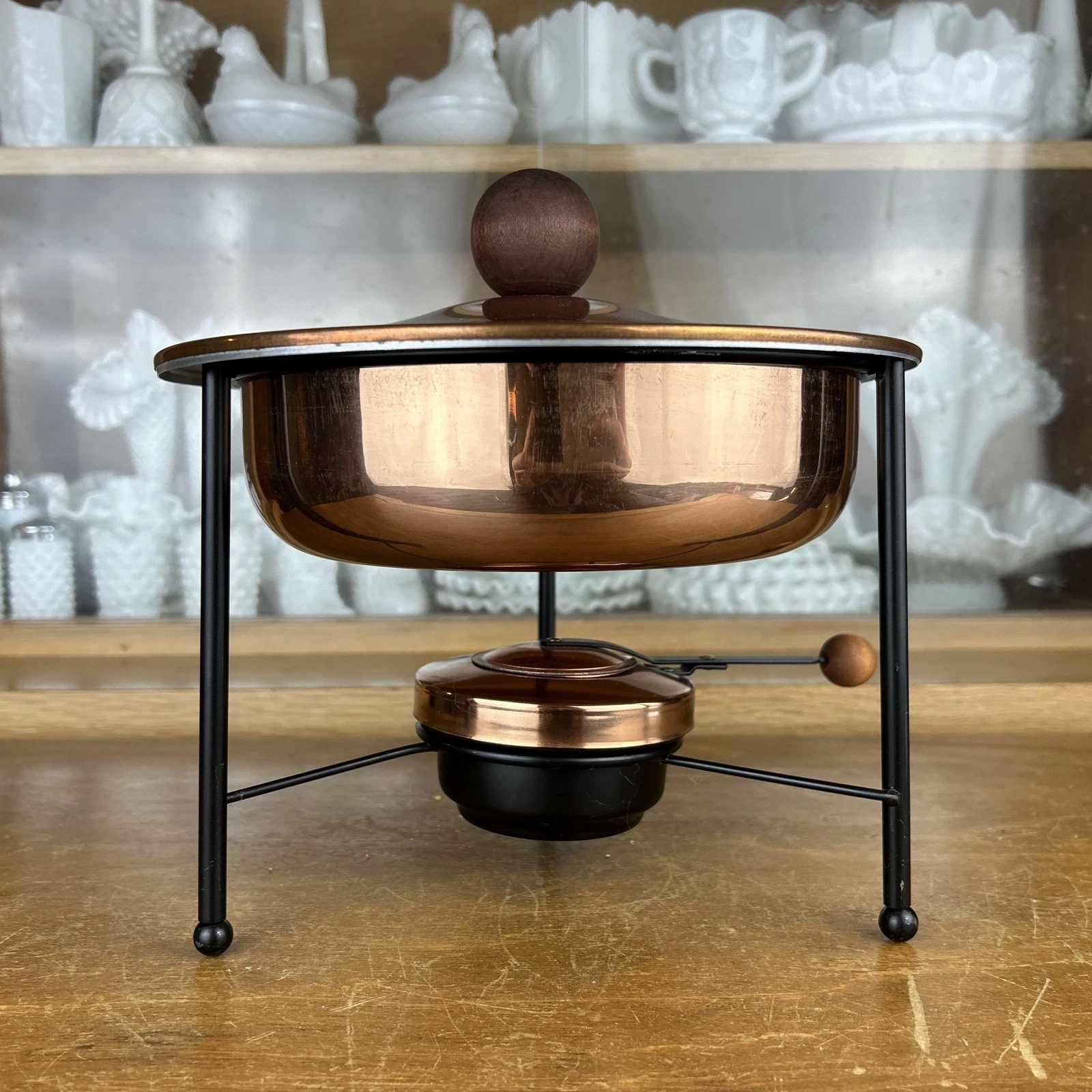 VINTAGE COPPER CHAFING DISH SET PAN POT W/ CRADLE & BURNER