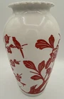 Vintage Anchor Hocking 9" Vase Red Birds And Floral Cherry Blossoms Milk Glass