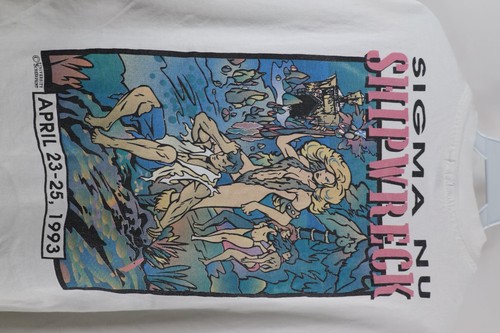 Vintage 90s Mens XL Distressed Sigma Nu Shipwreck Fraternity T-Shirt White USA - Picture 9 of 13