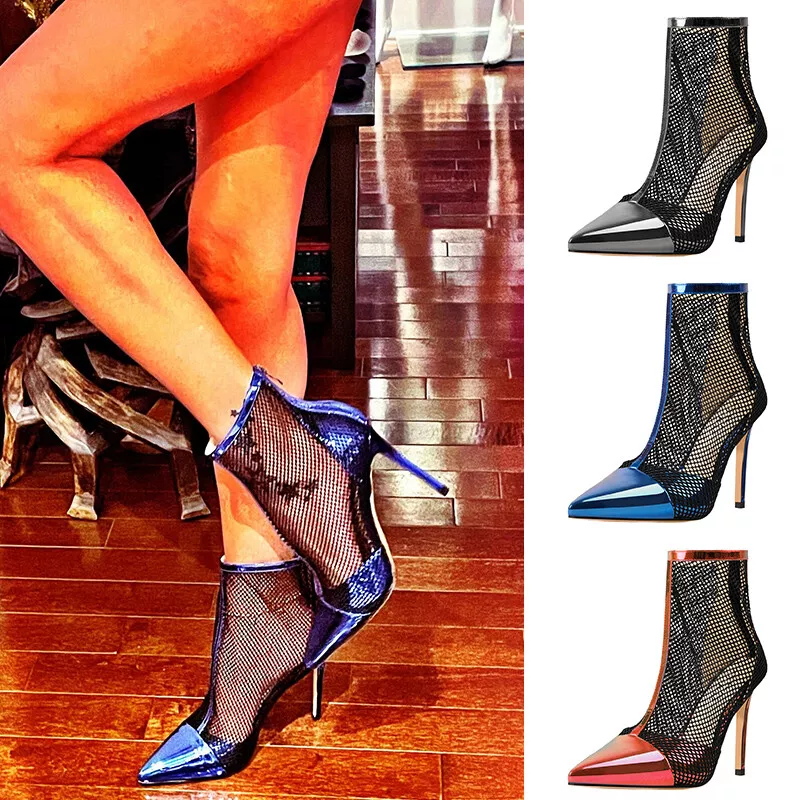 Onlymaker Women Fishnet Ankle Boots Pumps High Heels Sandals Sock Booties US5 15
