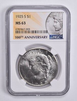 1925-S Peace Silver Dollar MS63 NGC 100th Anniv 2021 Special Lbl