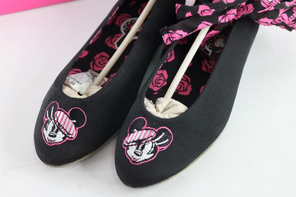 Nuevo de Lote Antiguo Años 90 Disney Mujeres 7 Tobillo Envoltura Mickey Mouse Ballet Zapatos Planos Negros Foto 2 de 4