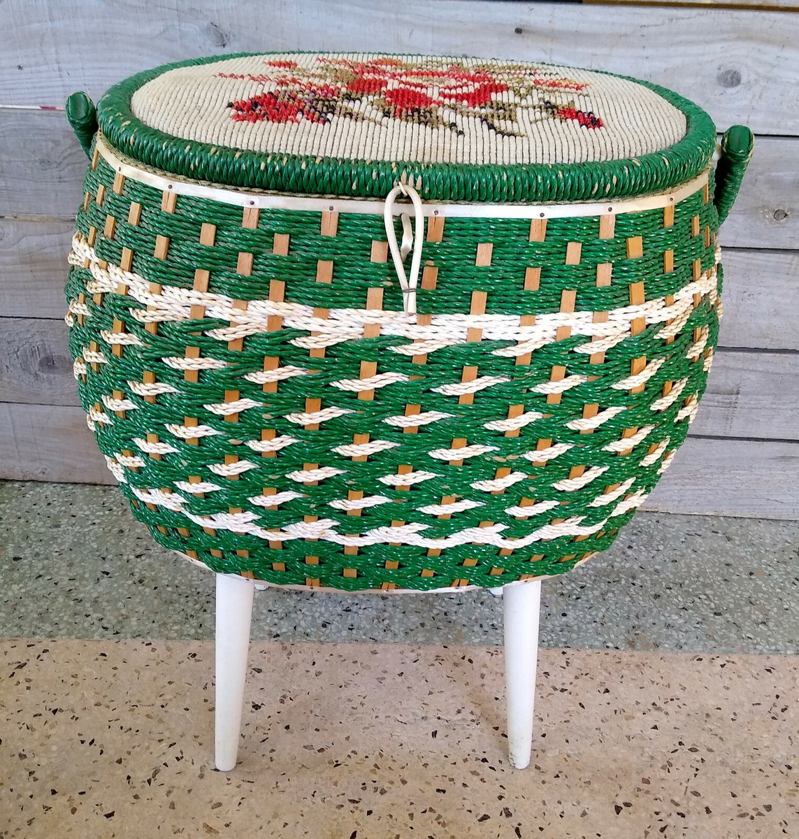 Vintage Green White Wicker Floral Needlepoint Sewing Basket Legs