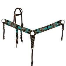 Waves Teal Tan Black Corded MOHAIR Breast Collar  Leather One Ear Bridle Set