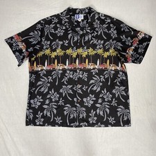 VTG 90s RJC Black Surfboard And Cars Trees Aloha Hawaiian Shirt sz 2XL