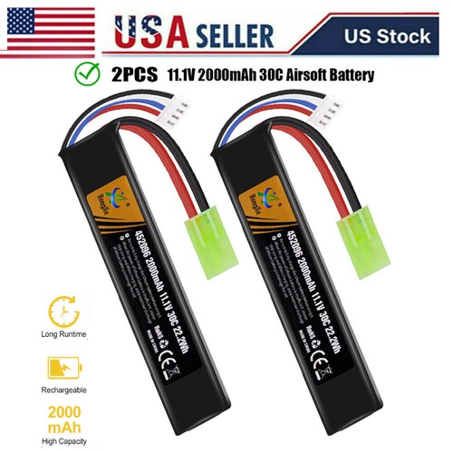 2Pcs 11.1V 2000mAh 30C LiPo Rechargeable Battery + Mini Tamiya Plug for Airsoft - Picture 2 of 10