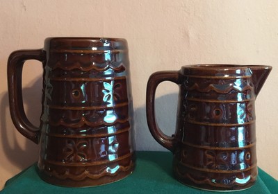 Vtg Marcrest Daisy Dot Stoneware Brown Coffee Tea Beer Mug Cup And Pitcher