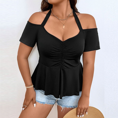 T-shirt donna top versatile vita spalle scoperte collo appeso tinta unita manica corta - Foto 2 di 8