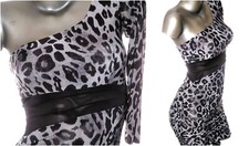 Leopard Mini Bandage Dress Bodycon One Sleeve Party Exotic Sexy Top XS