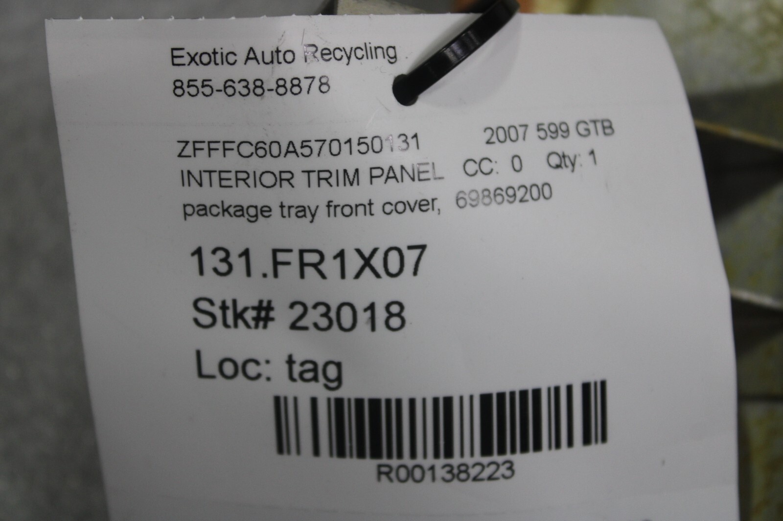 Ferrari 599 GTB, Rear Luggage Tray Edge Trim, Used, P/N 69869200