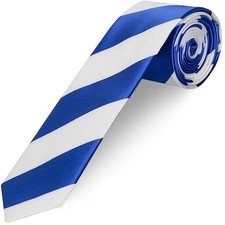 Blue and White Striped Hand Made Skinny Men's Football Tie Chelsea QPR Rangers