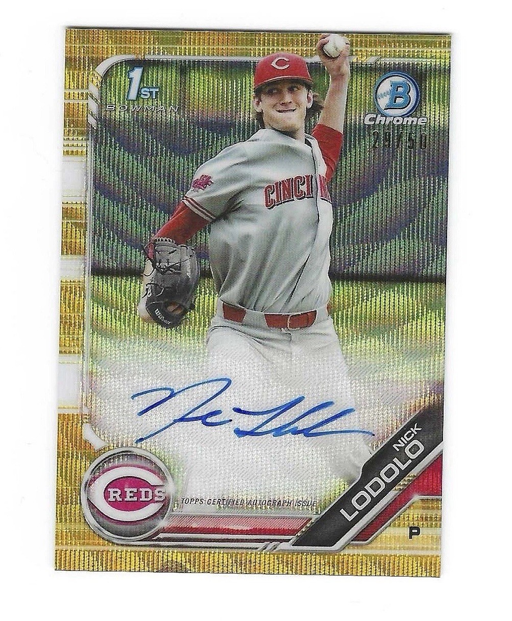 2019 Bowman Draft #CDANL Nick Lodolo 1st Chrome Auto Gold Wave /50 ROOKIE Reds