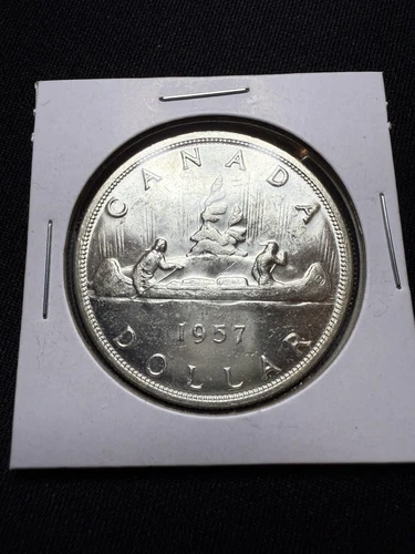 1957 1WL Canadian Silver Dollar Coin 80% $1 - Scarce One Waterline Variety