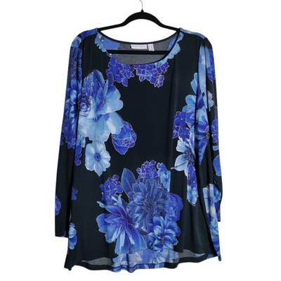 Susan Graver Liquid Knit Blue Floral Tunic Top 2X Black Long Sleeve Pleat