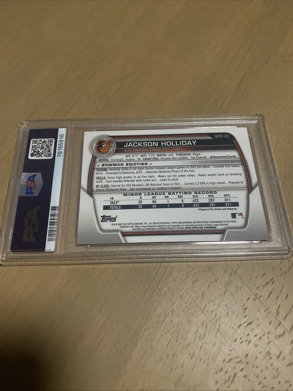 2023 Bowman 1st Edition Jackson Holliday Sky Blue Foil PSA Gem MT 10! Orioles! view 3