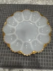 Vintage White Milk Glass Deviled Egg Plate Gold Trim Scalloped Oyster