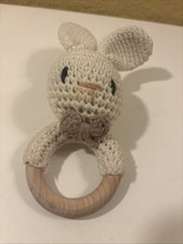 Baby Rattle Toys, Handcrafted Crochet Bunny Rattles Wood Ring Beige a21