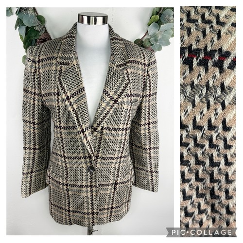 Vintage 100% Wool Blazer Jacket 6 S M Plaid Tweed USA JH Collectibles Tan Black