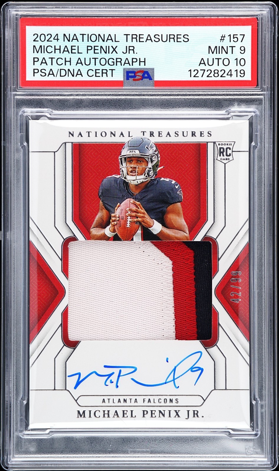 Michael Penix Jr 2024 National Treasures 157 Rookie Patch Auto 42/99 PSA 9/10