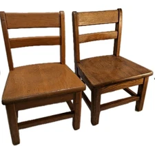 Vintage Solid Oak Wood School Chair Child Size Saddle Seat Classroom Set of 2