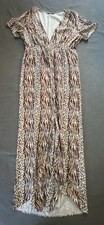 228- Shein Women's Long Dress Size L Animal Print Brown Short Sleeve V Neck