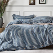 100 Washed Cotton Striped Duvet Cover Set Queen, Linen-Like 100 Washed Cotto